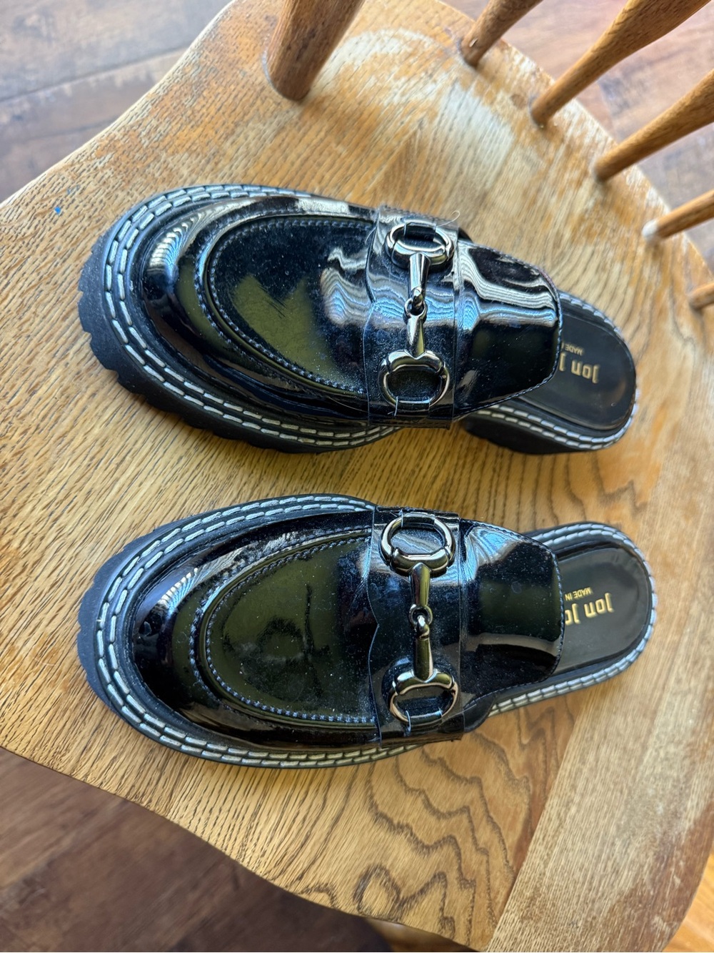 Jon Josef Black Patent Slip-On Loafers with Metal Bit Accent